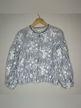 TRF Outerwear Zara Floral Lace Embroidered Overlay Bomber Jacket Babydoll S Blue